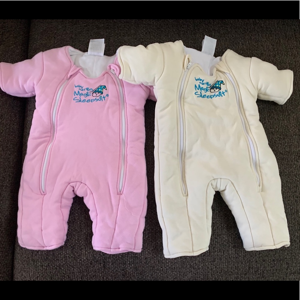 2 baby merlin Magic Sleepsuits, Cream and Pink